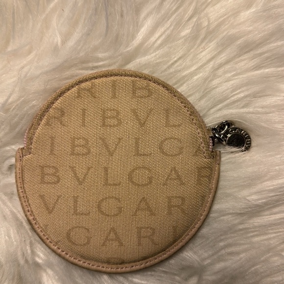 Pre owned  BVLGARI cream taupe Leather trim cream canvas Round MAMMET Coin Purse - Picture 3 of 7